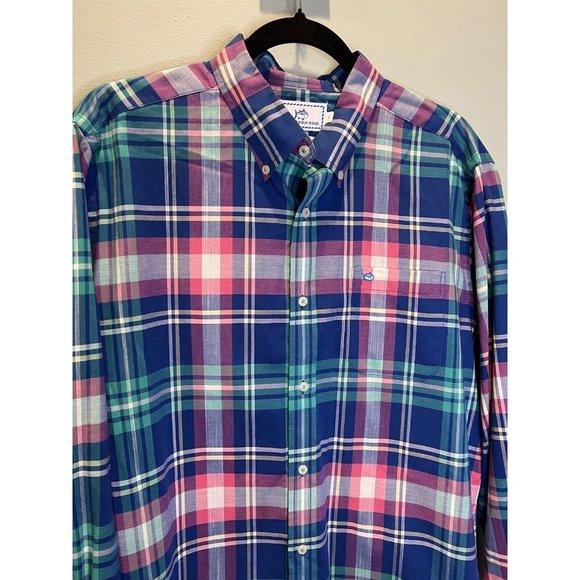 Southern Tide Shirt Mens Large Button Up Multicolor Plaid‎ Trim Fit Logo Cotton - Picture 2 of 6
